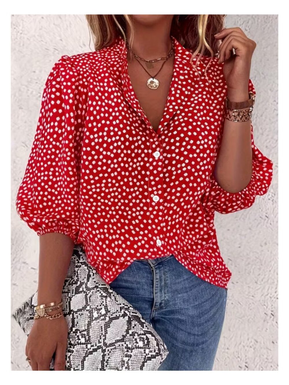 NWT Red White Floral Lantern Sleeve Button Up Blouse Top Casual Boho Size 14